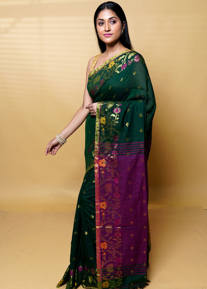 Green Khadi Cotton Saree With Blouse Piece