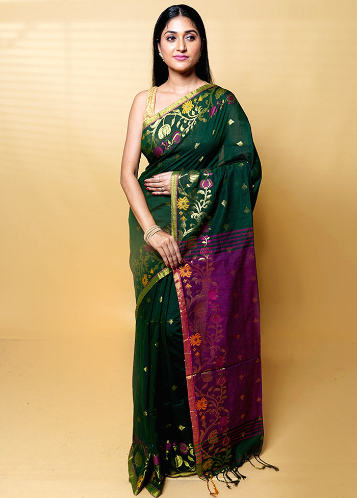 Green Khadi Cotton Saree With Blouse Piece