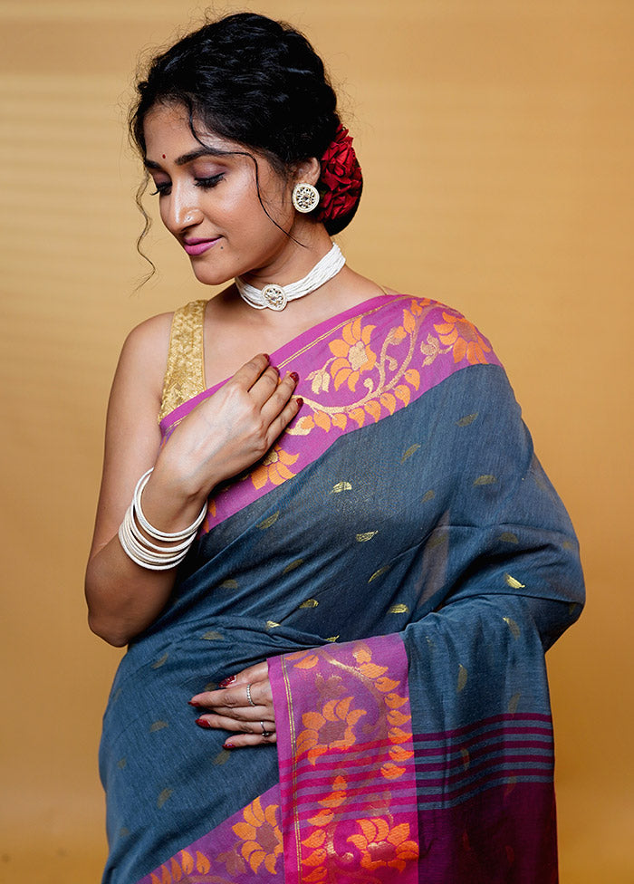 Grey Khadi Cotton Saree With Blouse Piece