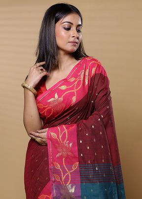 Red Khadi Cotton Saree With Blouse Piece