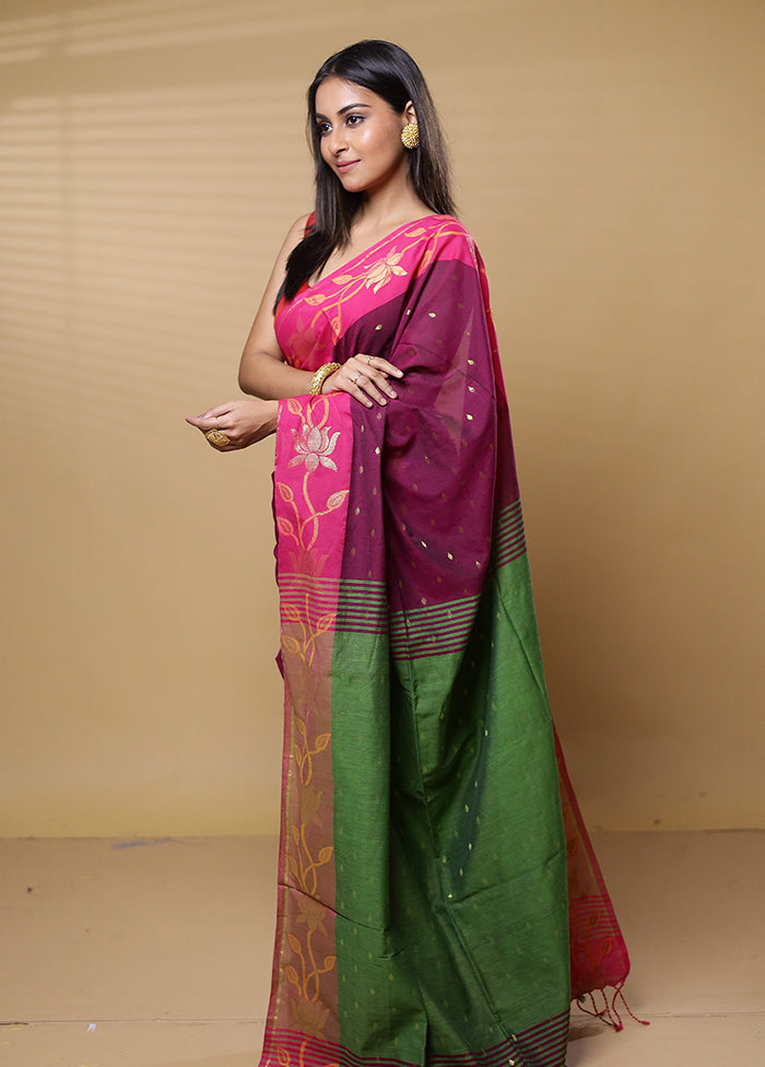 Green Khadi Cotton Saree With Blouse Piece