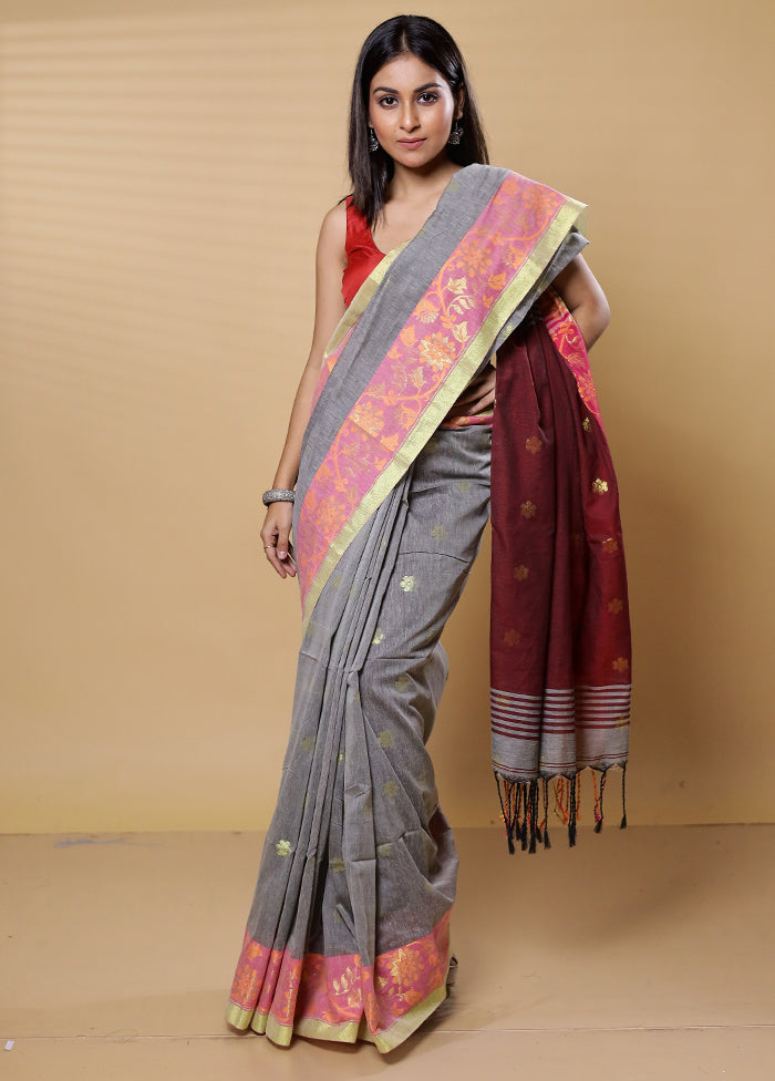 Maroon Khadi Cotton Saree With Blouse Piece