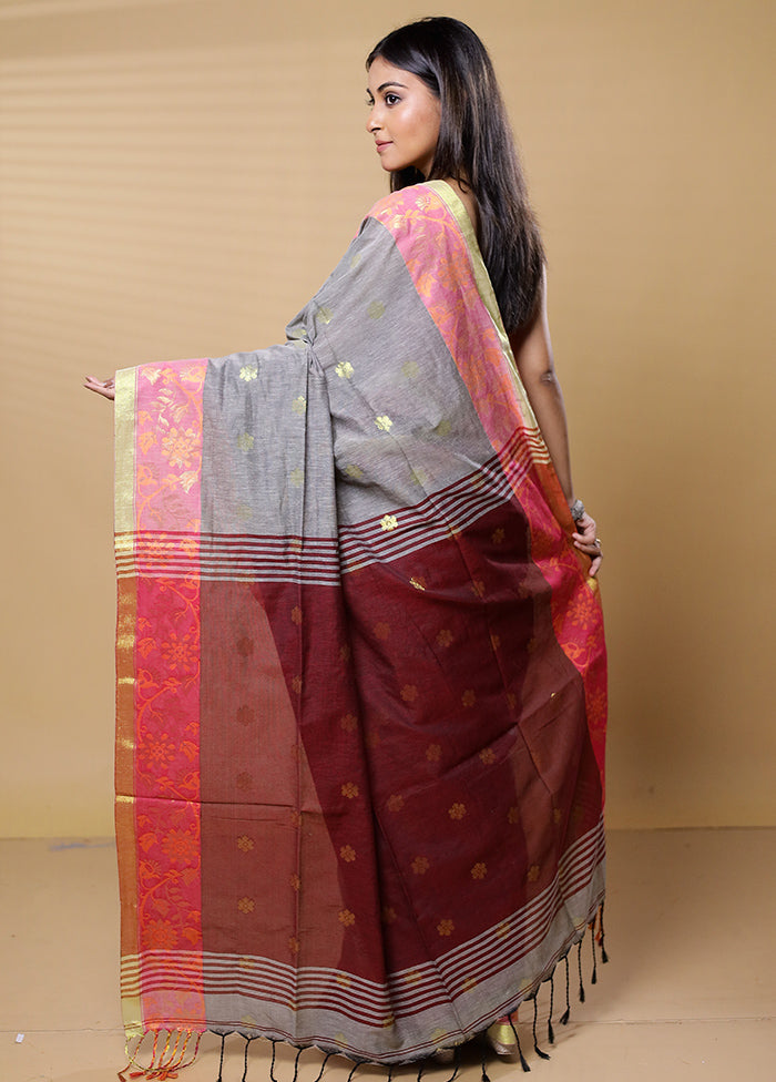 Maroon Khadi Cotton Saree With Blouse Piece