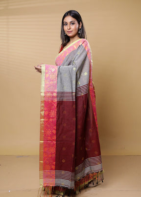 Maroon Khadi Cotton Saree With Blouse Piece