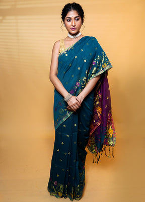 Green Khadi Cotton Saree With Blouse Piece