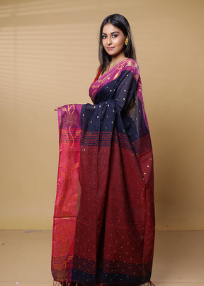 Maroon Khadi Cotton Saree With Blouse Piece