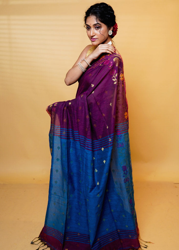 Blue Khadi Cotton Saree With Blouse Piece