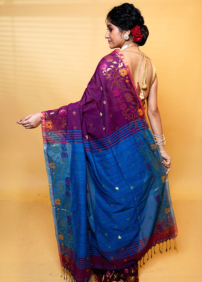 Blue Khadi Cotton Saree With Blouse Piece