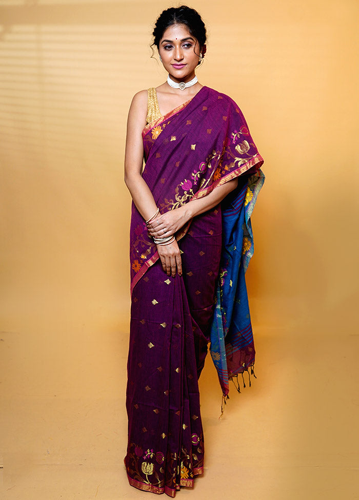 Blue Khadi Cotton Saree With Blouse Piece