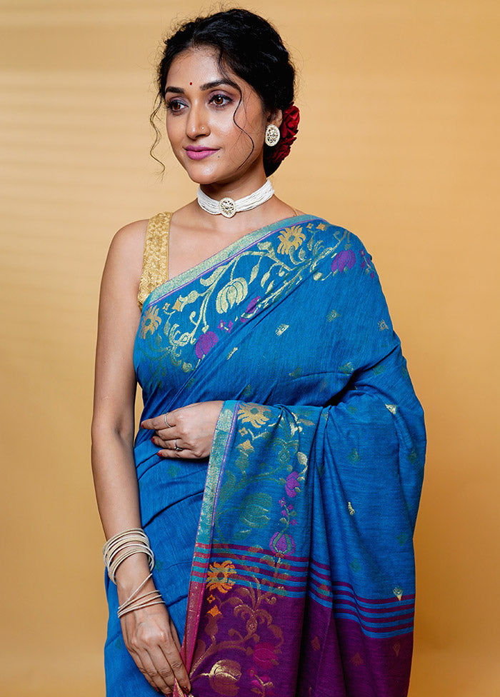 Blue Khadi Cotton Saree With Blouse Piece