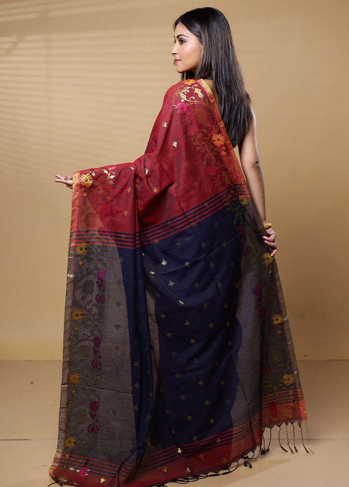 Blue Khadi Cotton Saree With Blouse Piece