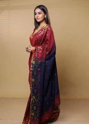 Blue Khadi Cotton Saree With Blouse Piece