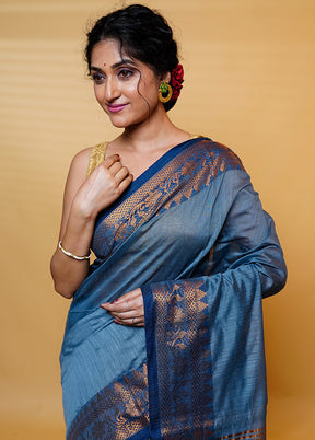 Grey Khadi Cotton Saree With Blouse Piece