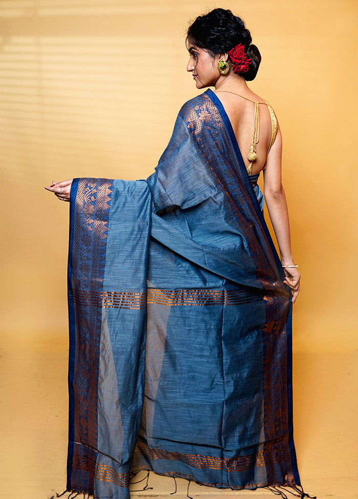 Grey Khadi Cotton Saree With Blouse Piece