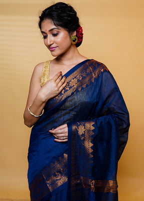 Blue Khadi Cotton Saree With Blouse Piece