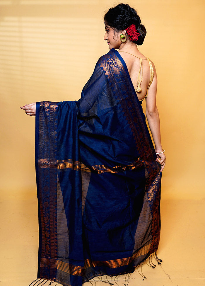 Blue Khadi Cotton Saree With Blouse Piece