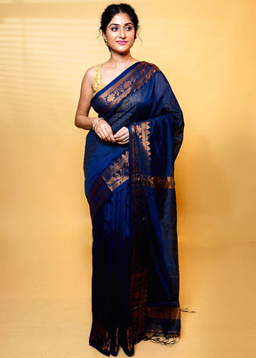 Blue Khadi Cotton Saree With Blouse Piece