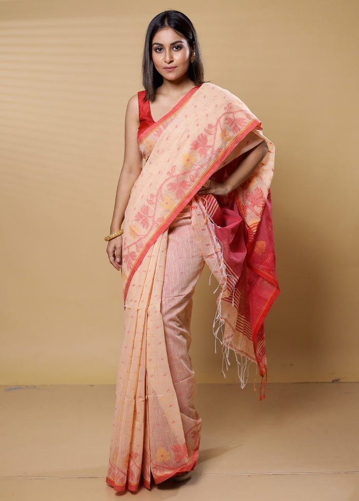 Cream Khadi Cotton Saree With Blouse Piece