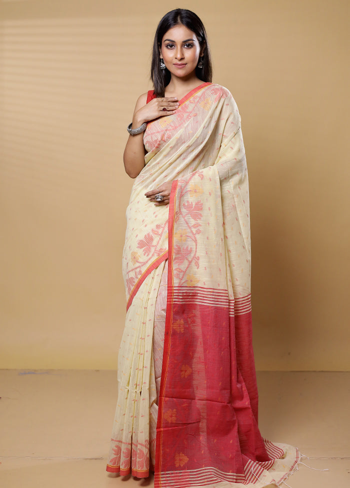 Cream Khadi Cotton Saree With Blouse Piece