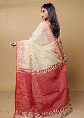 Cream Khadi Cotton Saree With Blouse Piece