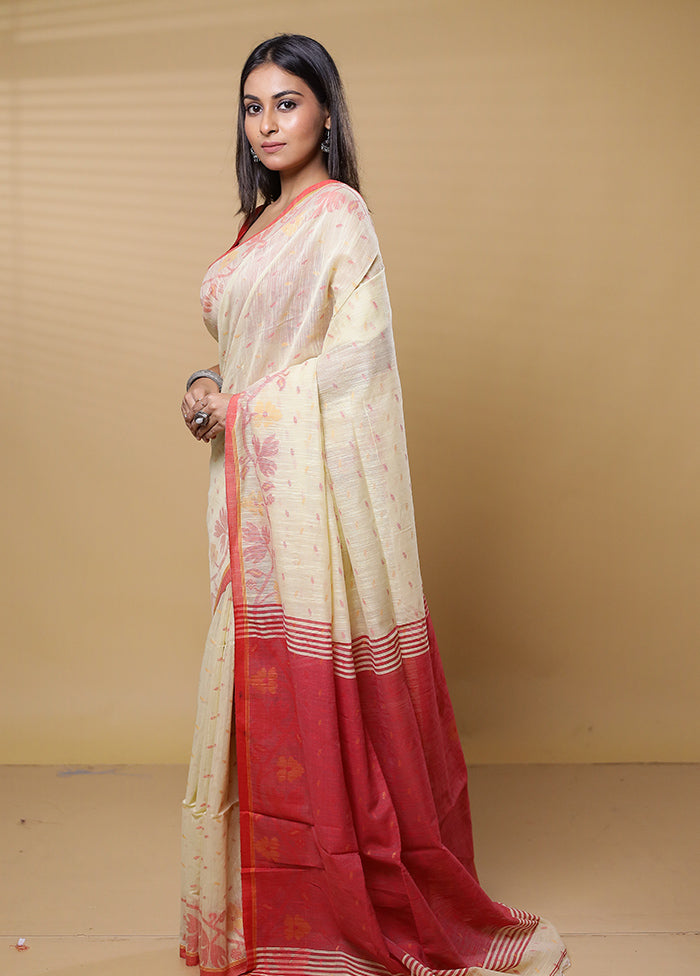 Cream Khadi Cotton Saree With Blouse Piece