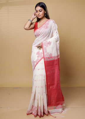 Cream Khadi Cotton Saree With Blouse Piece