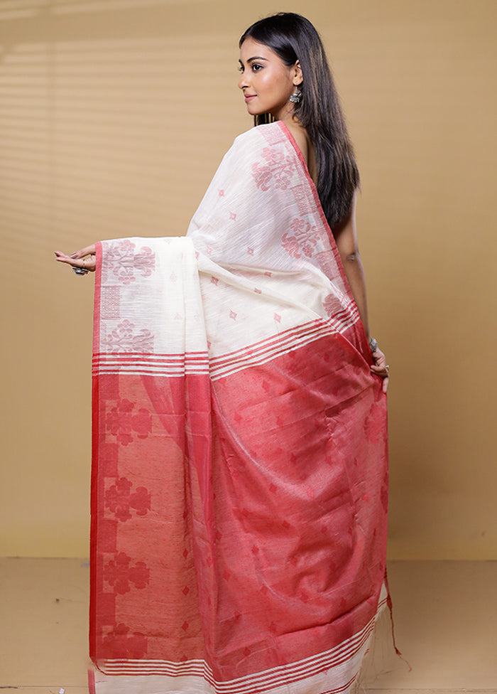 Cream Khadi Cotton Saree With Blouse Piece