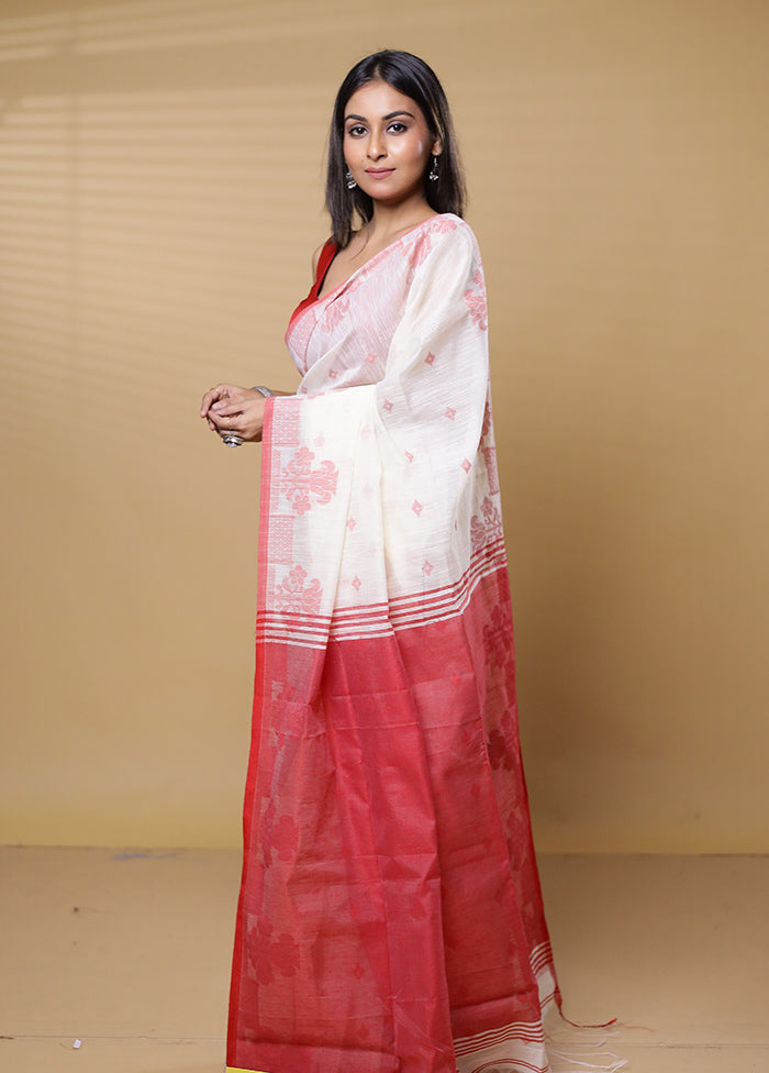 Cream Khadi Cotton Saree With Blouse Piece