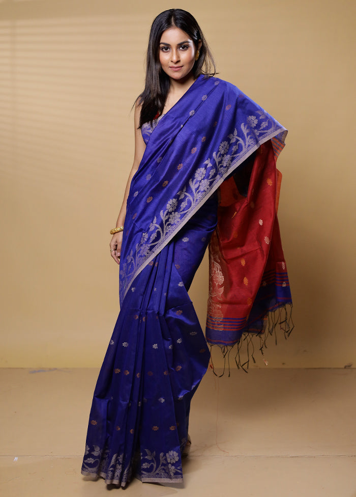 Blue Khadi Cotton Saree With Blouse Piece