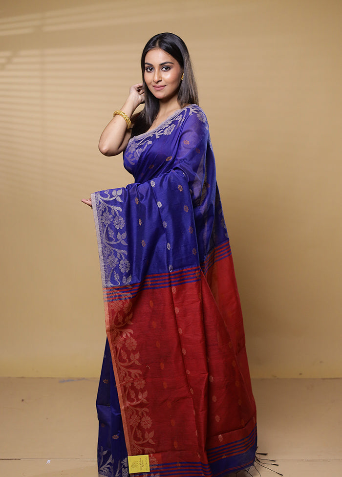 Blue Khadi Cotton Saree With Blouse Piece