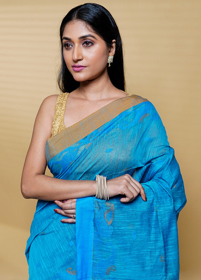 Blue Khadi Cotton Saree With Blouse Piece