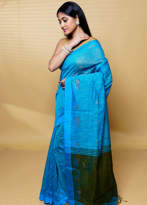 Blue Khadi Cotton Saree With Blouse Piece