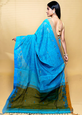 Blue Khadi Cotton Saree With Blouse Piece