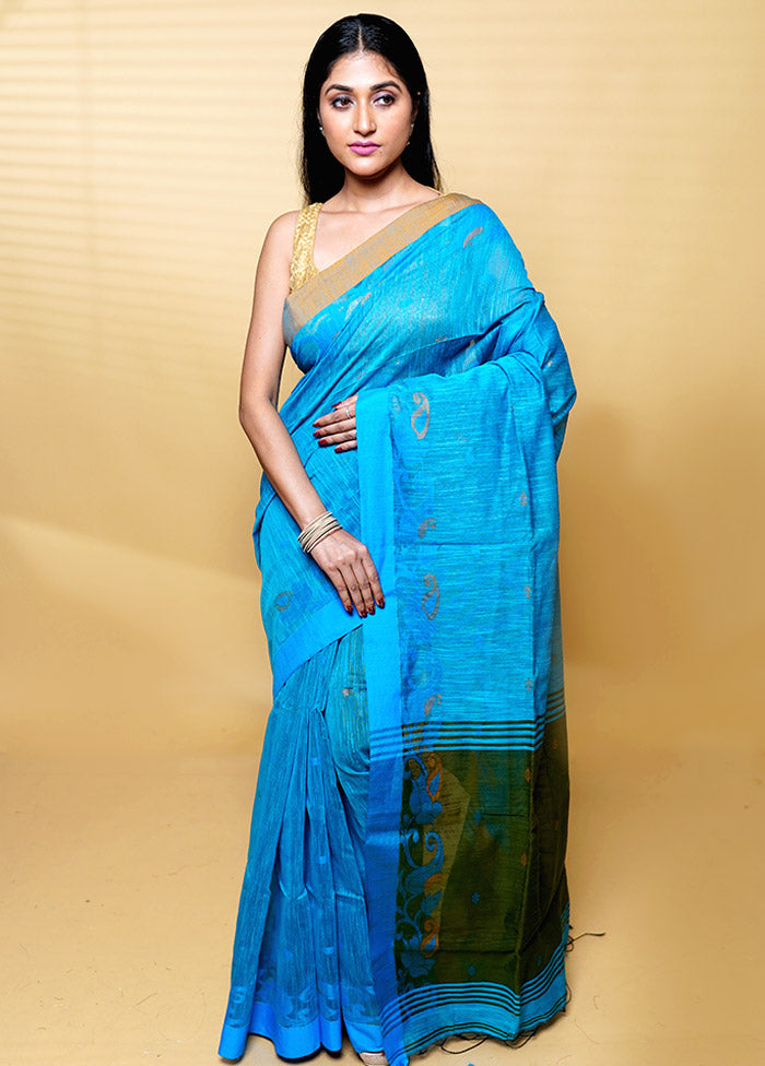 Blue Khadi Cotton Saree With Blouse Piece