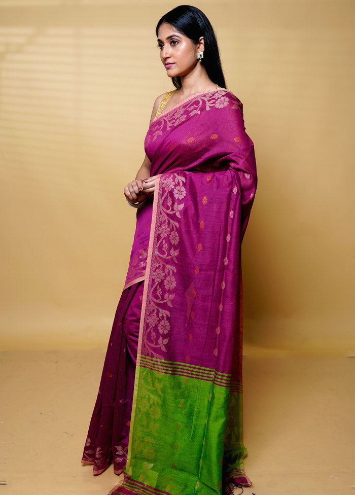 Purple Khadi Cotton Saree With Blouse Piece