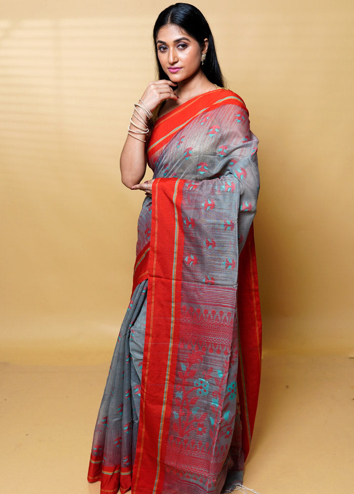 Grey Khadi Cotton Saree With Blouse Piece