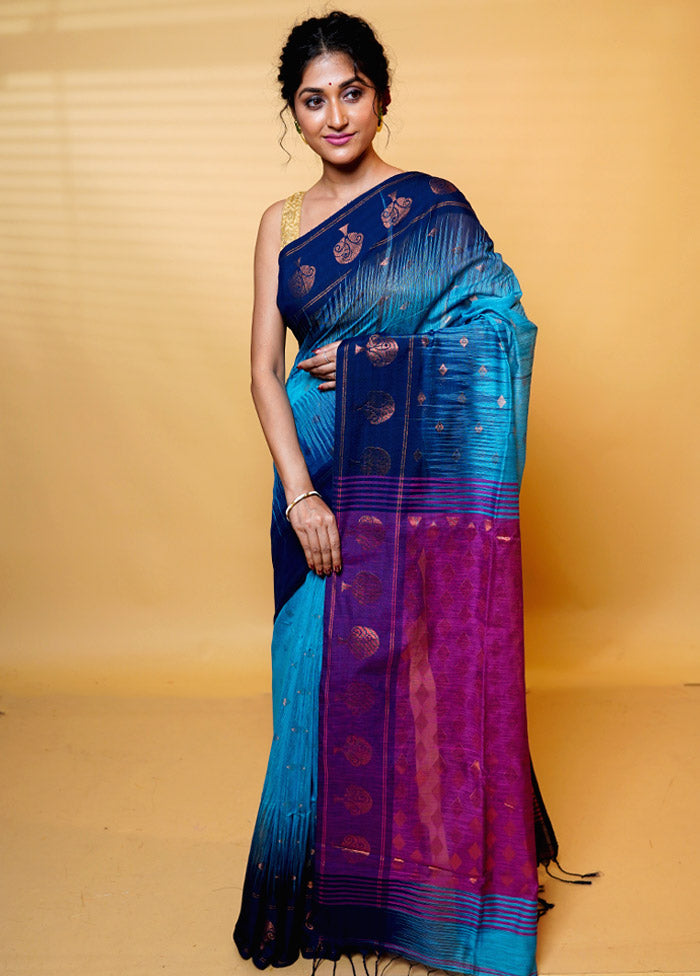 Blue Cotton Saree With Blouse Piece