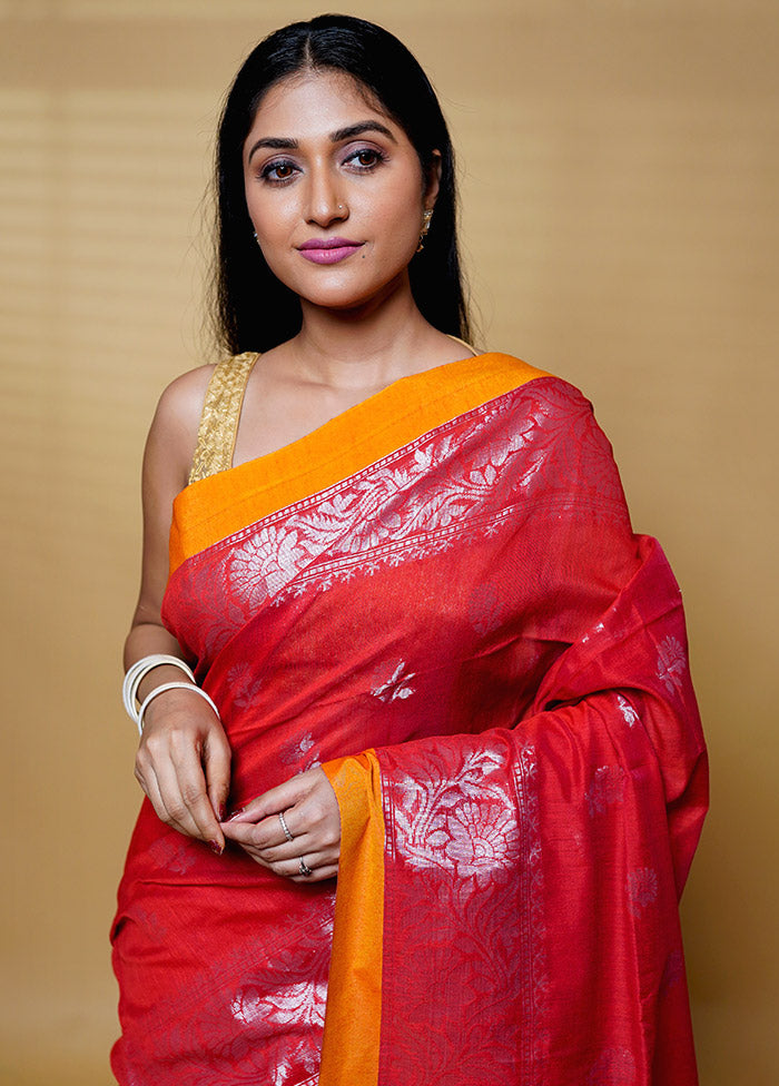 Red Khadi Cotton Saree With Blouse Piece