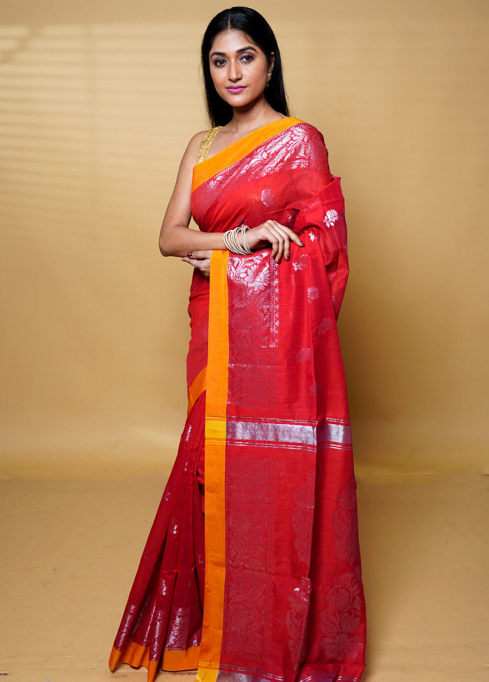 Red Cotton Saree With Blouse Piece