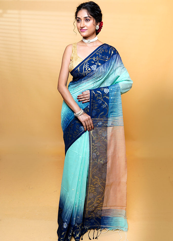 Blue Cotton Saree With Blouse Piece