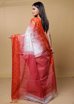 White Khadi Cotton Saree With Blouse Piece