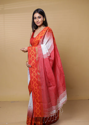 White Khadi Cotton Saree With Blouse Piece