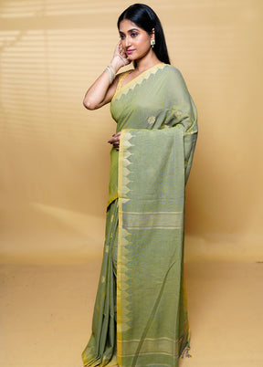 Green Khadi Cotton Saree With Blouse Piece