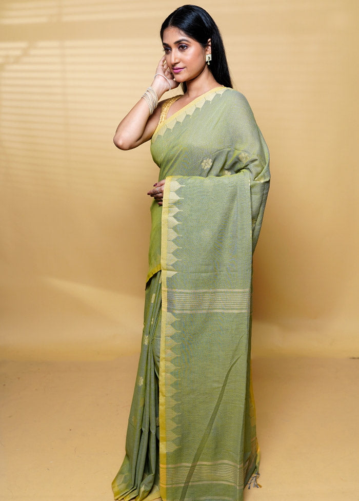 Green Khadi Cotton Saree With Blouse Piece