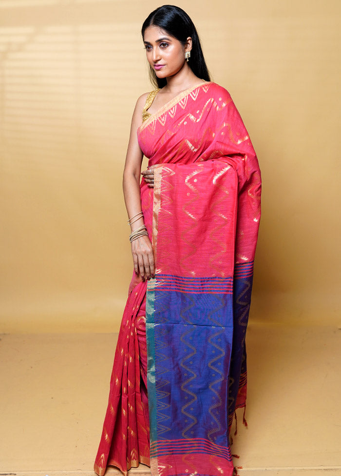 Pink Khadi Cotton Saree With Blouse Piece