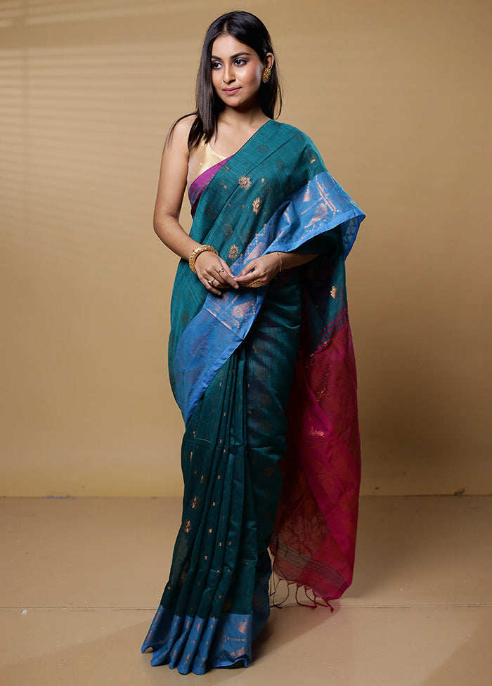 Green Khadi Cotton Saree With Blouse Piece