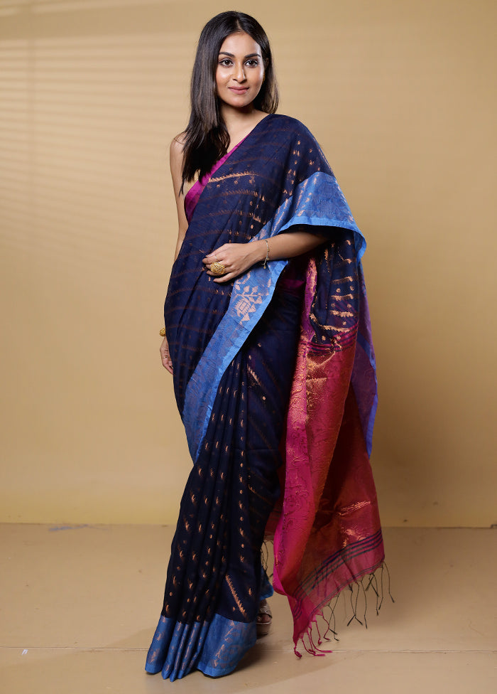 Black Khadi Cotton Saree With Blouse Piece