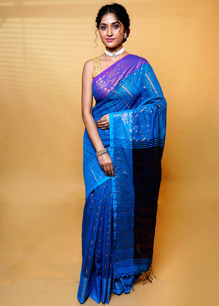 Blue Cotton Saree With Blouse Piece