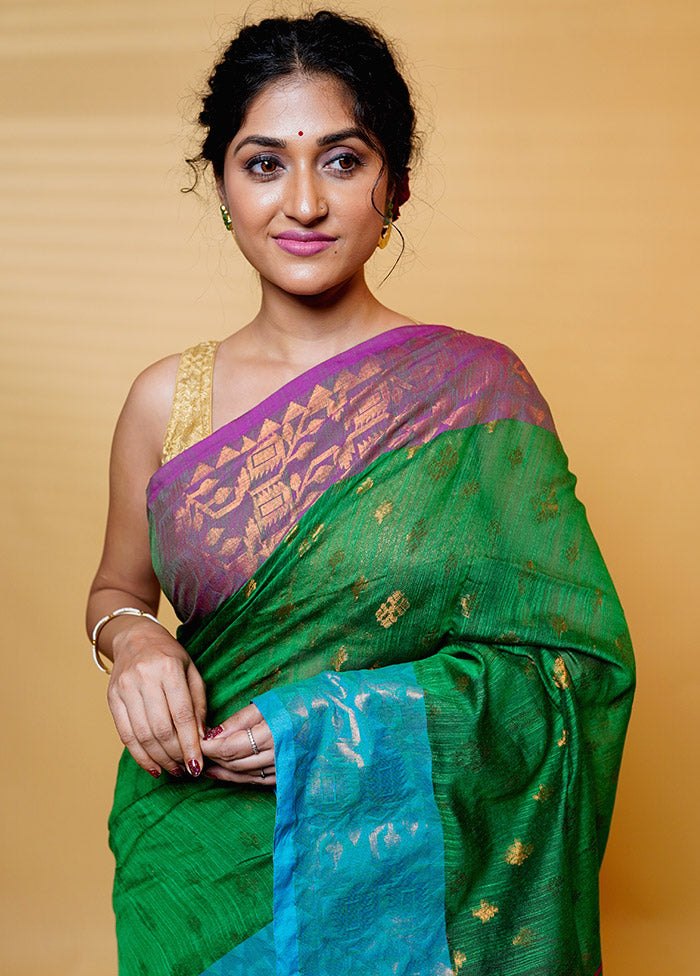 Green Cotton Saree With Blouse Piece