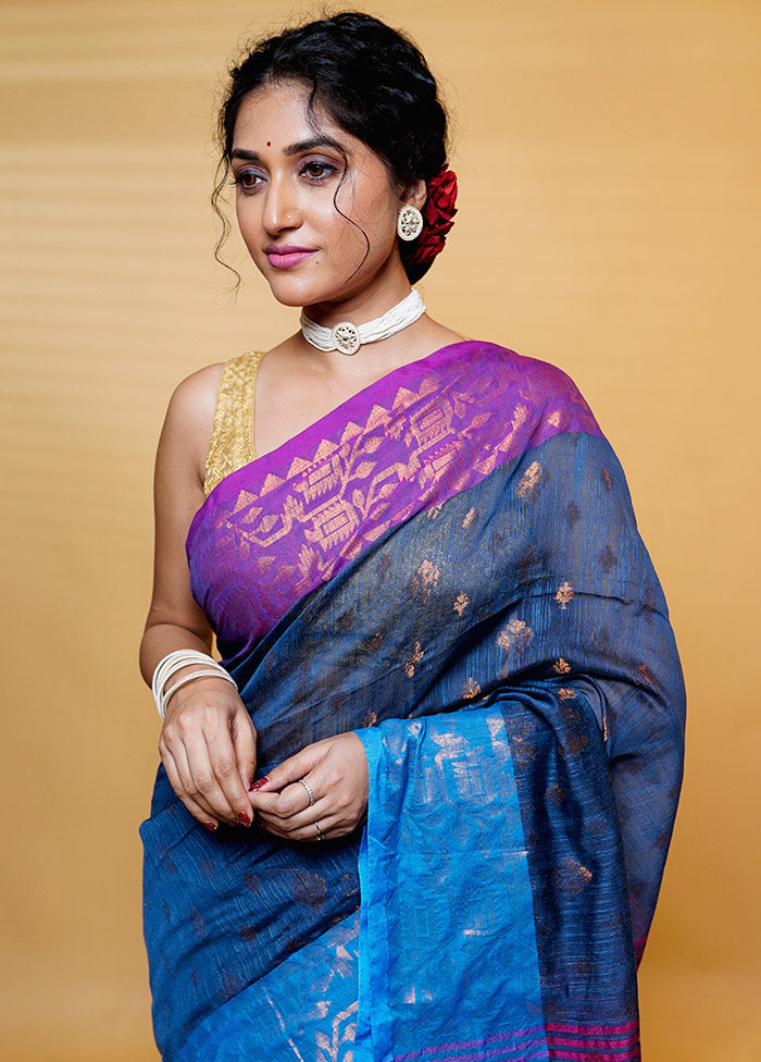 Blue Cotton Saree With Blouse Piece